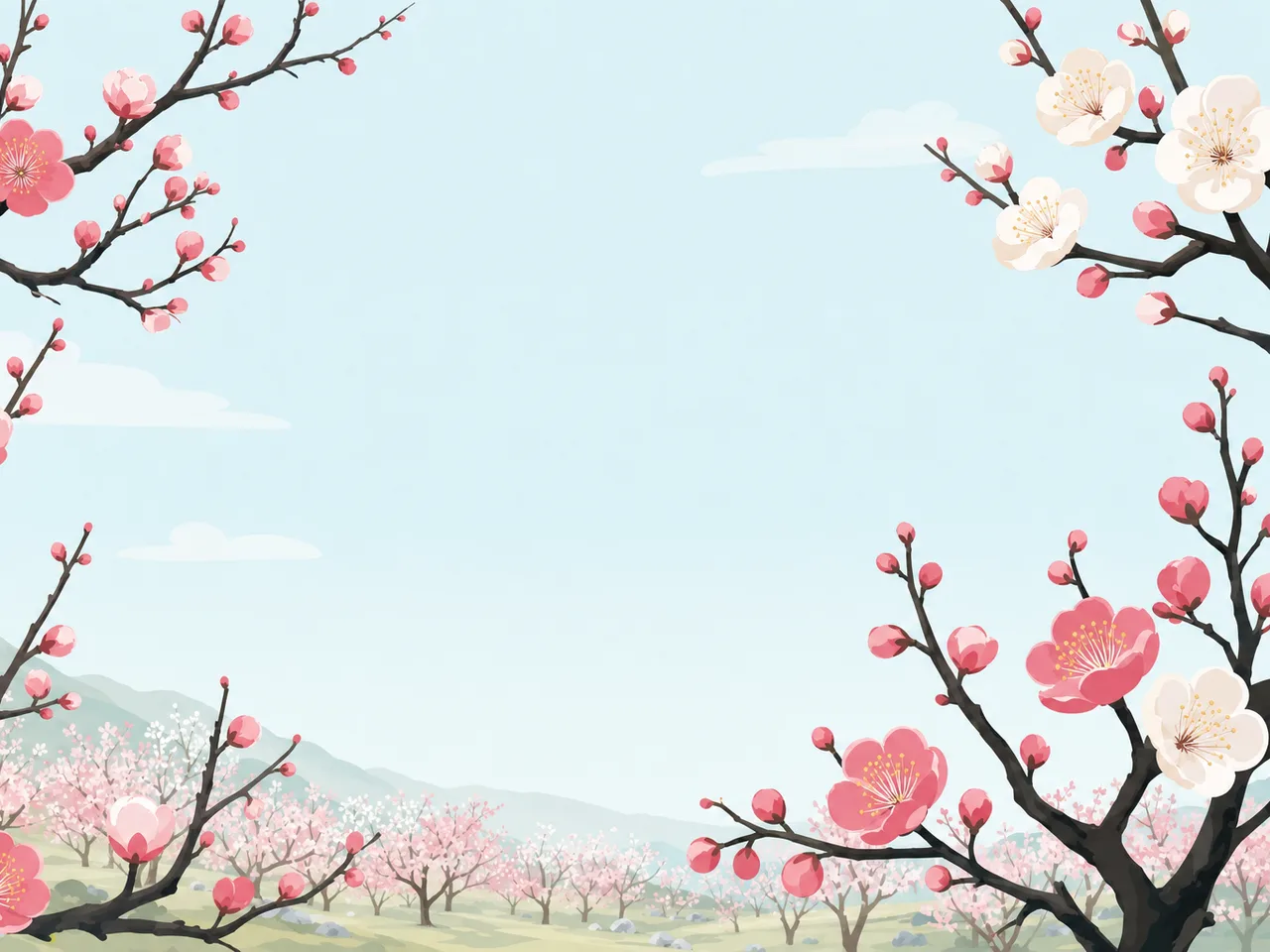 早春に咲く日本の梅の花（フレームイラスト）。梅の花、梅林、早春、花の風景向け素材です。