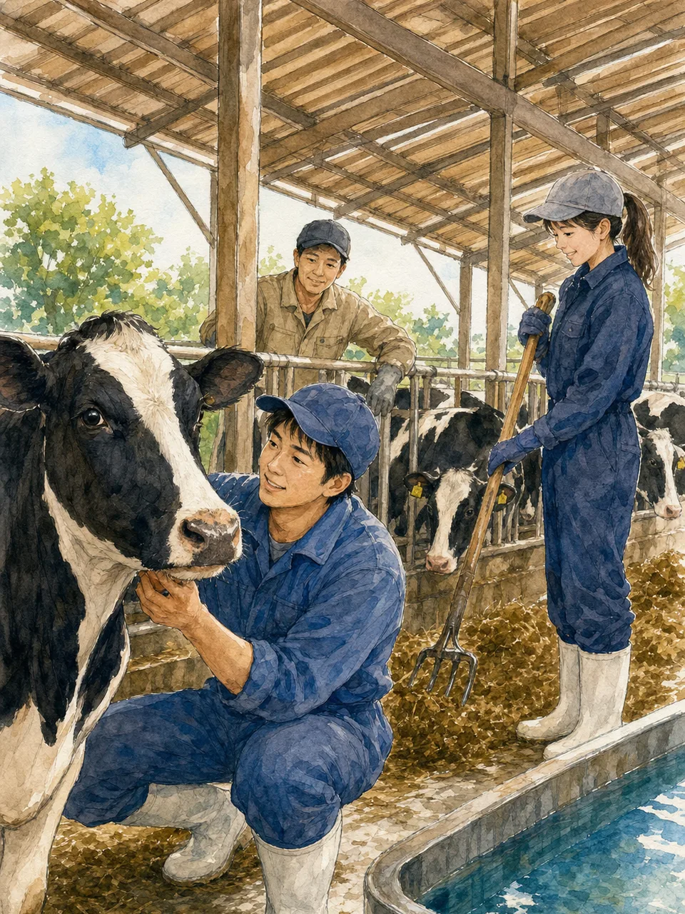 乳牛を世話する日本人酪農家（手描き水彩）。酪農家、乳牛、畜産、地域産業の記事に使える農業素材です。