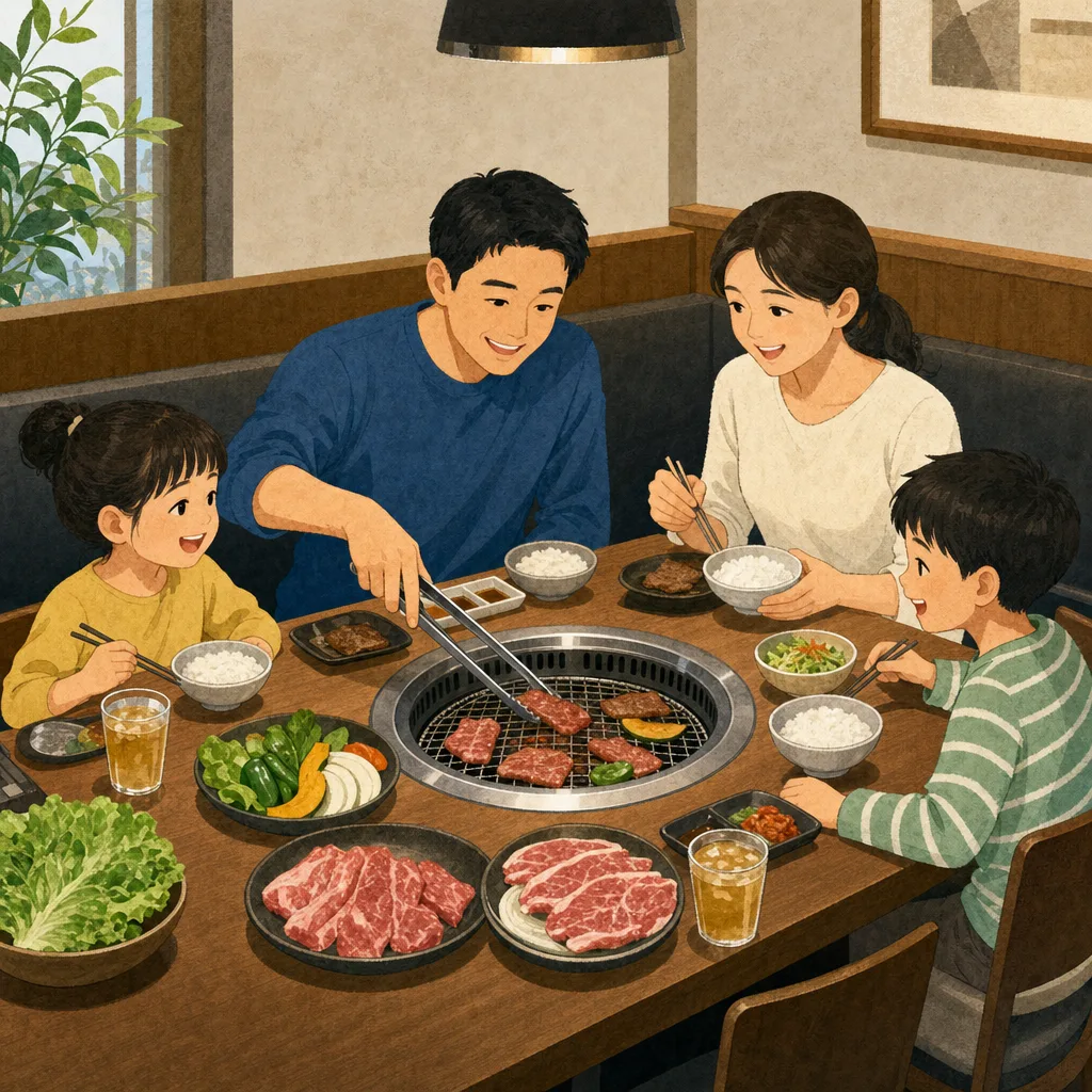 焼肉を楽しむ日本人家族（編集記事向け）。焼肉、家族、外食、食事の記事に使える素材です。