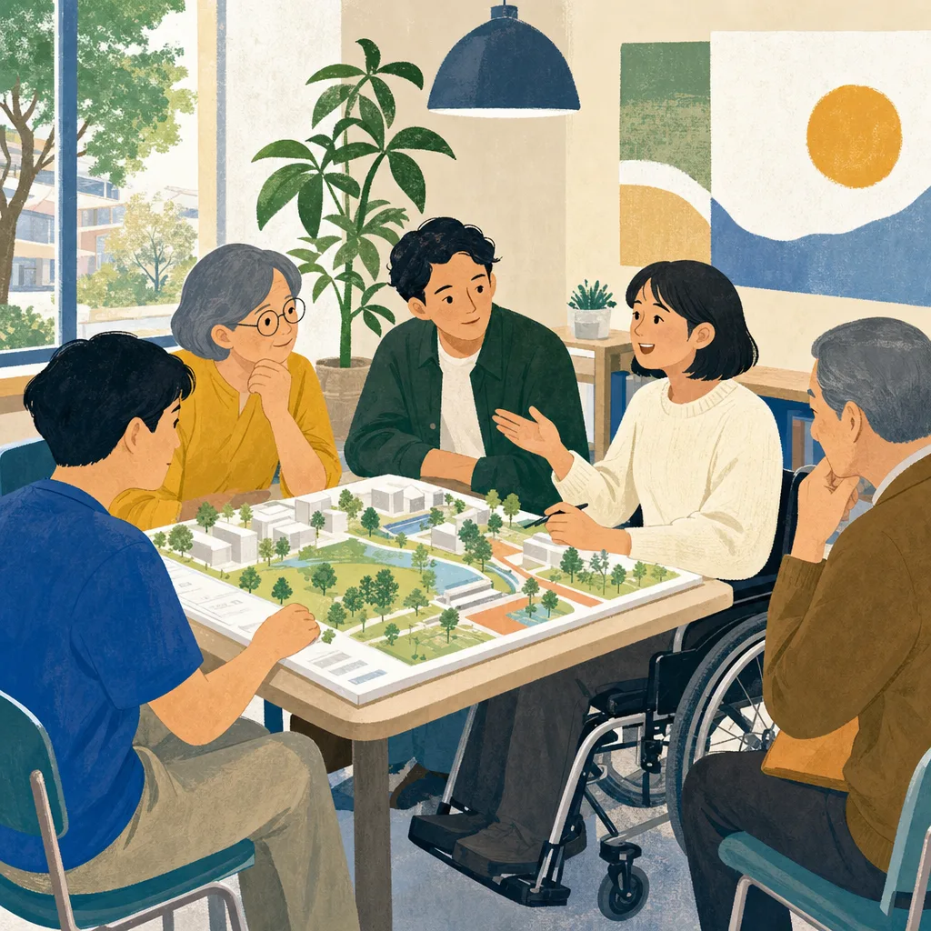 地域活動に参加する車椅子ユーザー（編集記事向け）。車椅子ユーザー、地域参加、アクセシビリティ、共生の記事向け素材です。