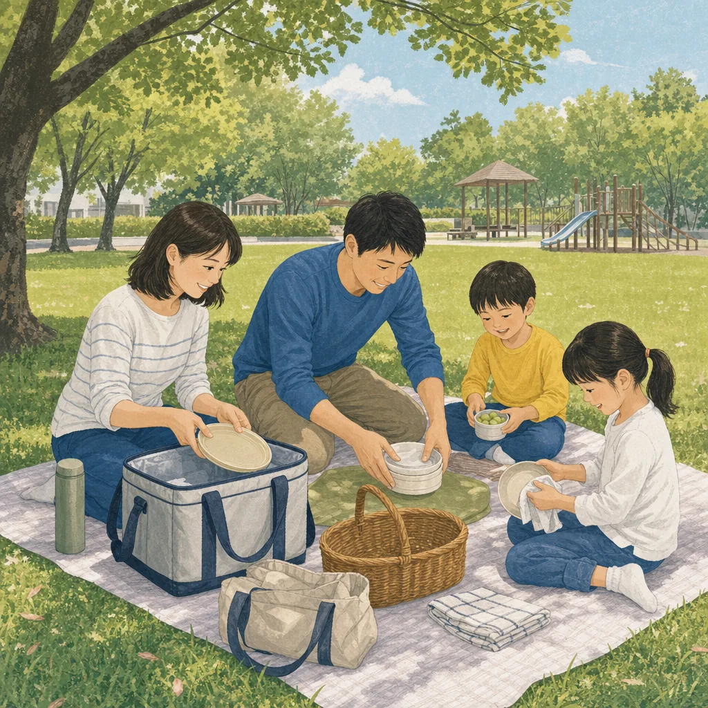 週末のピクニックを楽しむ日本人（編集記事向け）。週末ピクニック、家族、レジャー、公園の記事向け素材です。