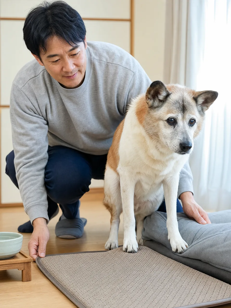 老犬をやさしく見守る日本人（自然な縦位置写真）。老犬介護、シニア犬、ペットケア、暮らしの記事向け素材です。