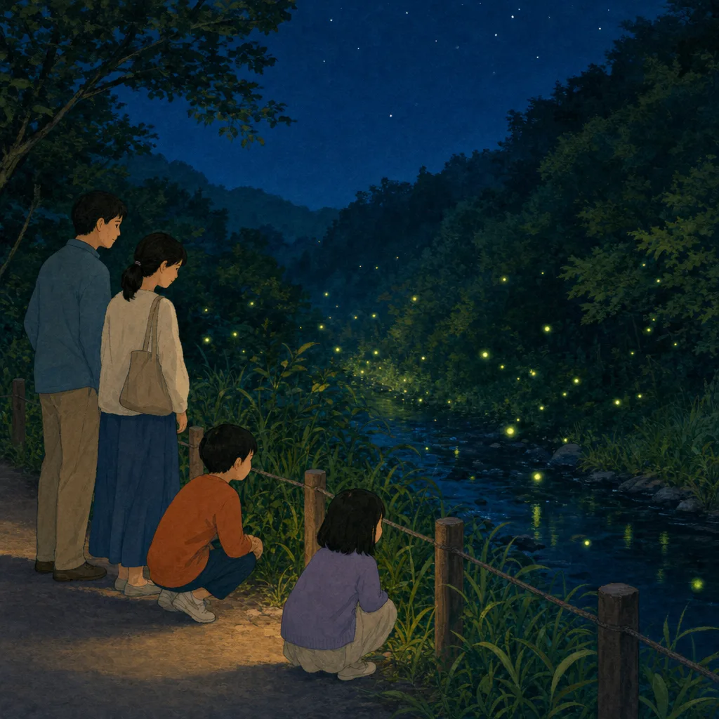 ホタルの生息地を観察する日本人（編集記事向け）。ホタル、蛍、自然観察、初夏の記事や案内に使える商用素材です。