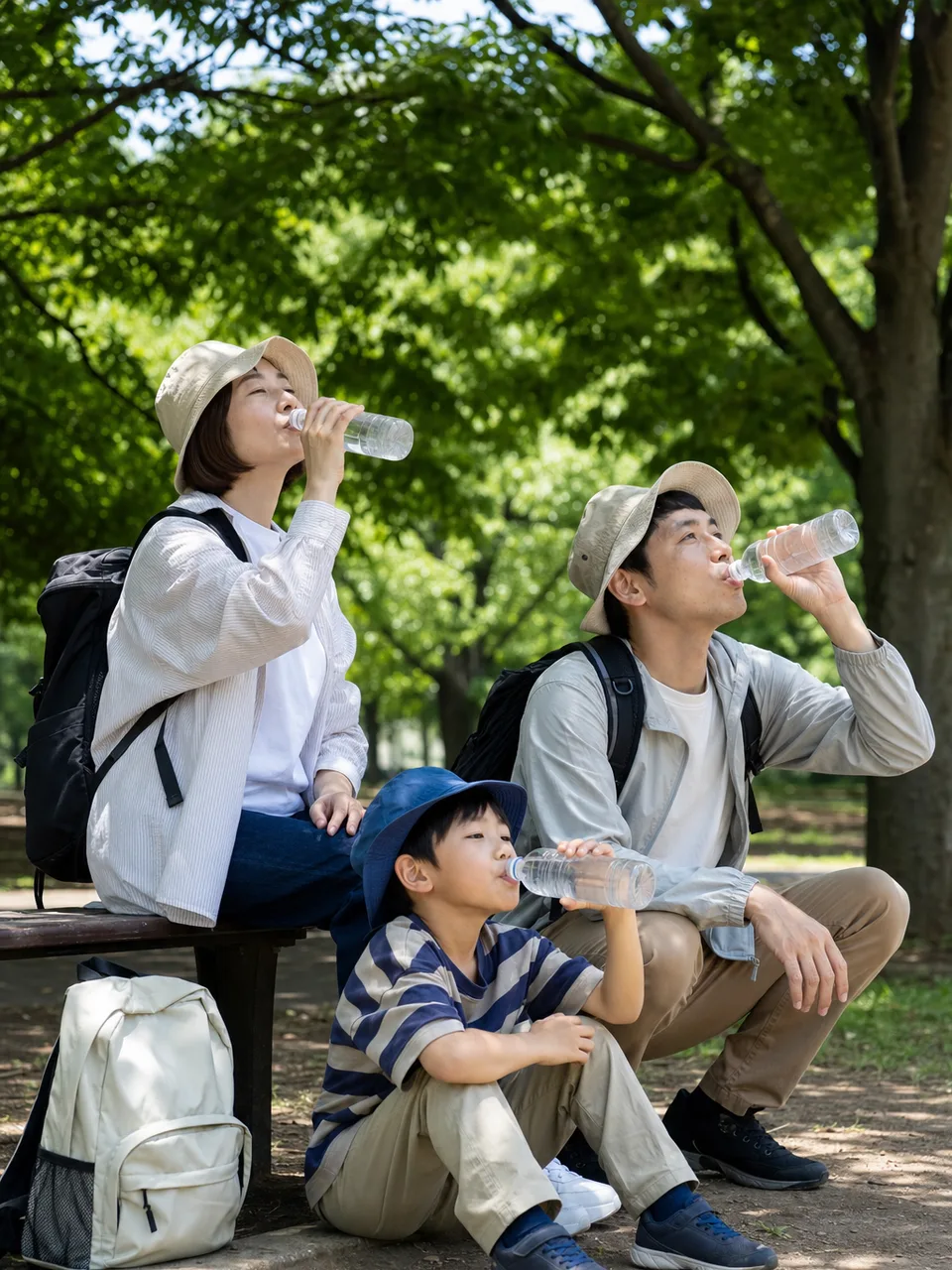夏に水分補給をする日本人（自然な縦位置写真）。夏の水分補給、暑さ対策、休憩、屋外活動の記事向け素材です。