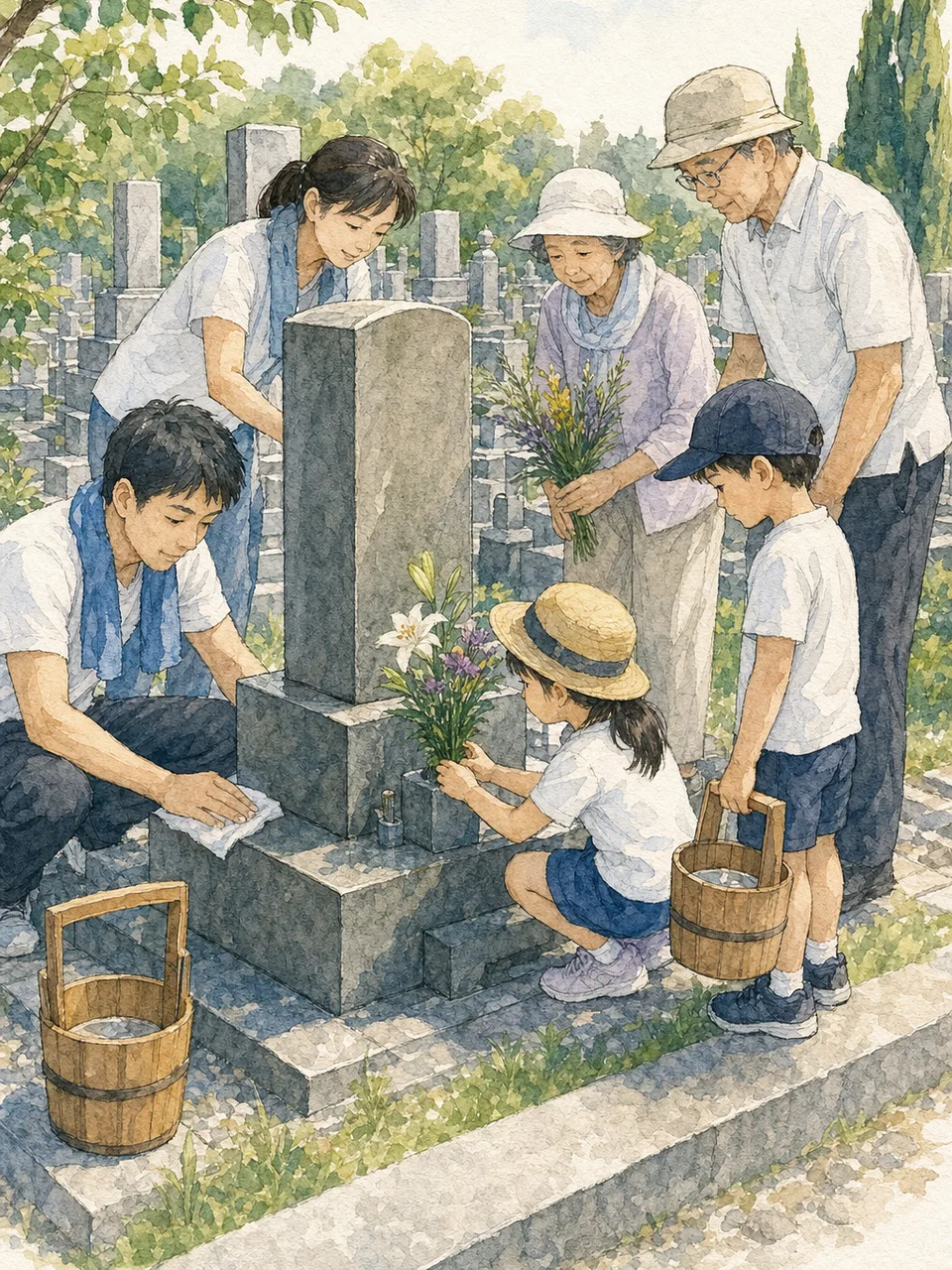 お盆に家族でお墓参りをする日本人（手描き水彩）。お盆、帰省、家族行事、供養を丁寧に伝える季節素材です。