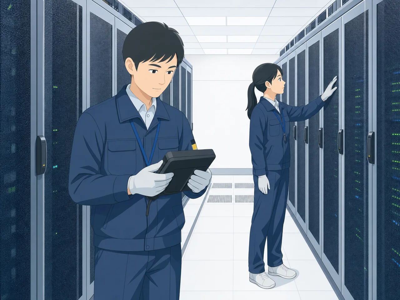 データセンターを点検する日本人技術者（フラットイラスト）。データセンター、サーバー、ITインフラ、保守の記事向け素材です。