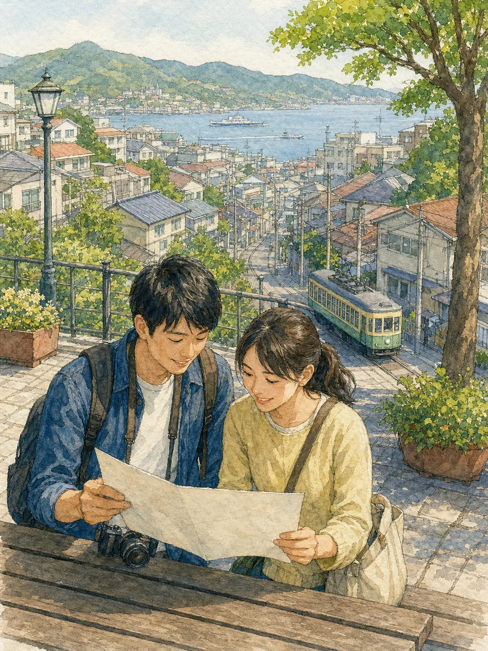 長崎の港町を楽しむ日本人旅行者（手描き水彩）。長崎、九州旅行、港町、坂の街の記事向け素材です。