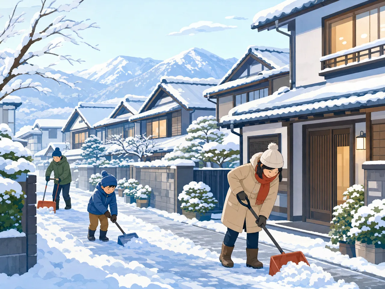 雪の朝の日本の街（フラットイラスト）。冬、天気、交通、地域情報の記事に使える、雪が積もった日本の街並み素材です。