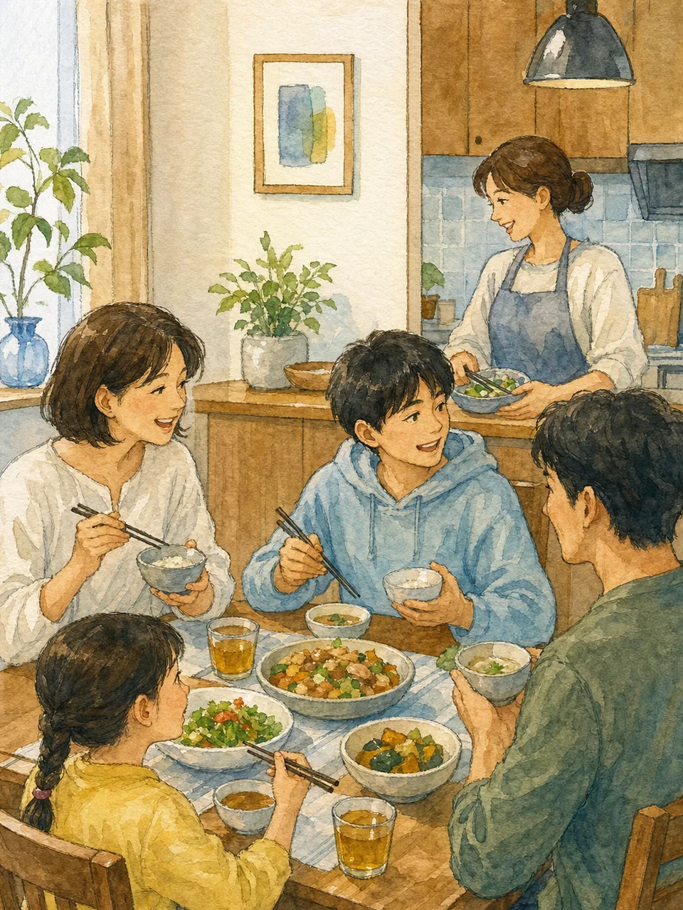 食卓を囲む日本人のステップファミリー（手描き水彩）。ステップファミリー、再婚家庭、家族の食卓、子育ての記事や案内に使える商用素材です。