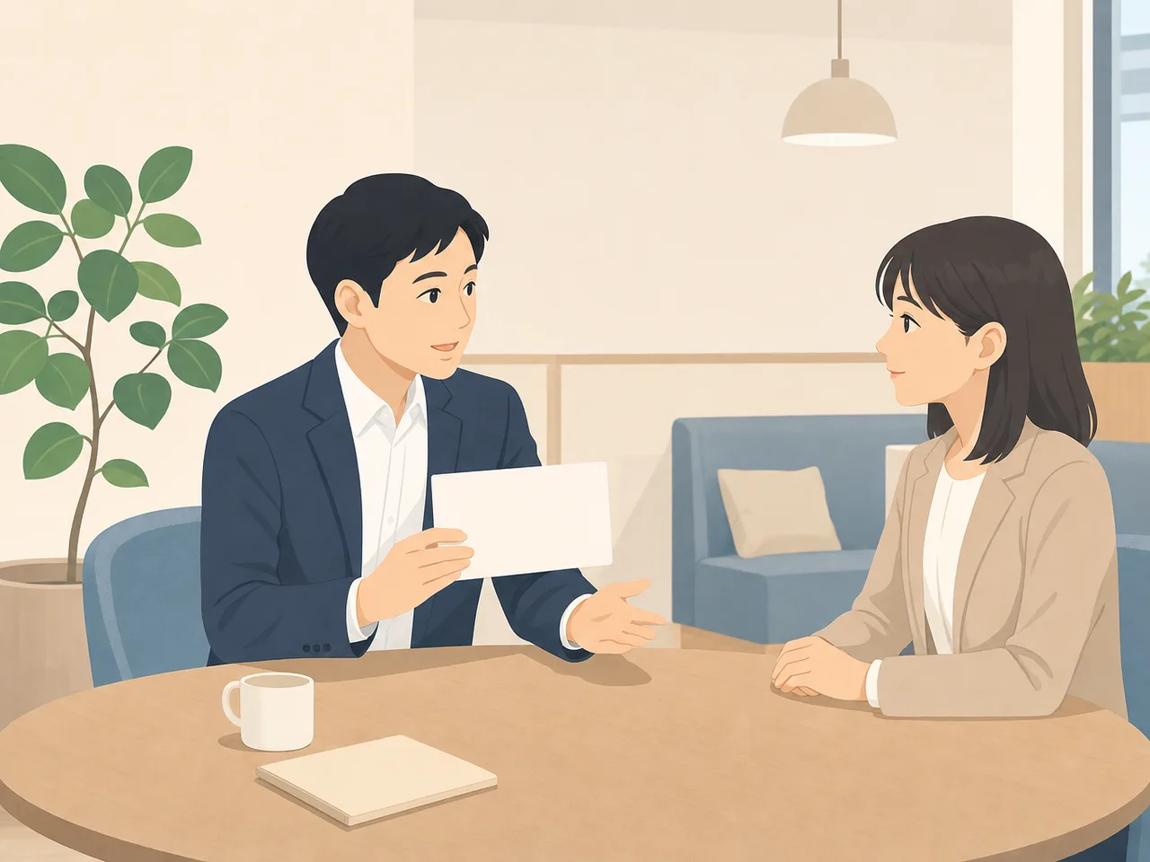 一対一の面談をする日本人の上司と部下（フラットイラスト）。1on1、一対一面談、フィードバック、上司と部下の記事や案内に使える商用素材です。