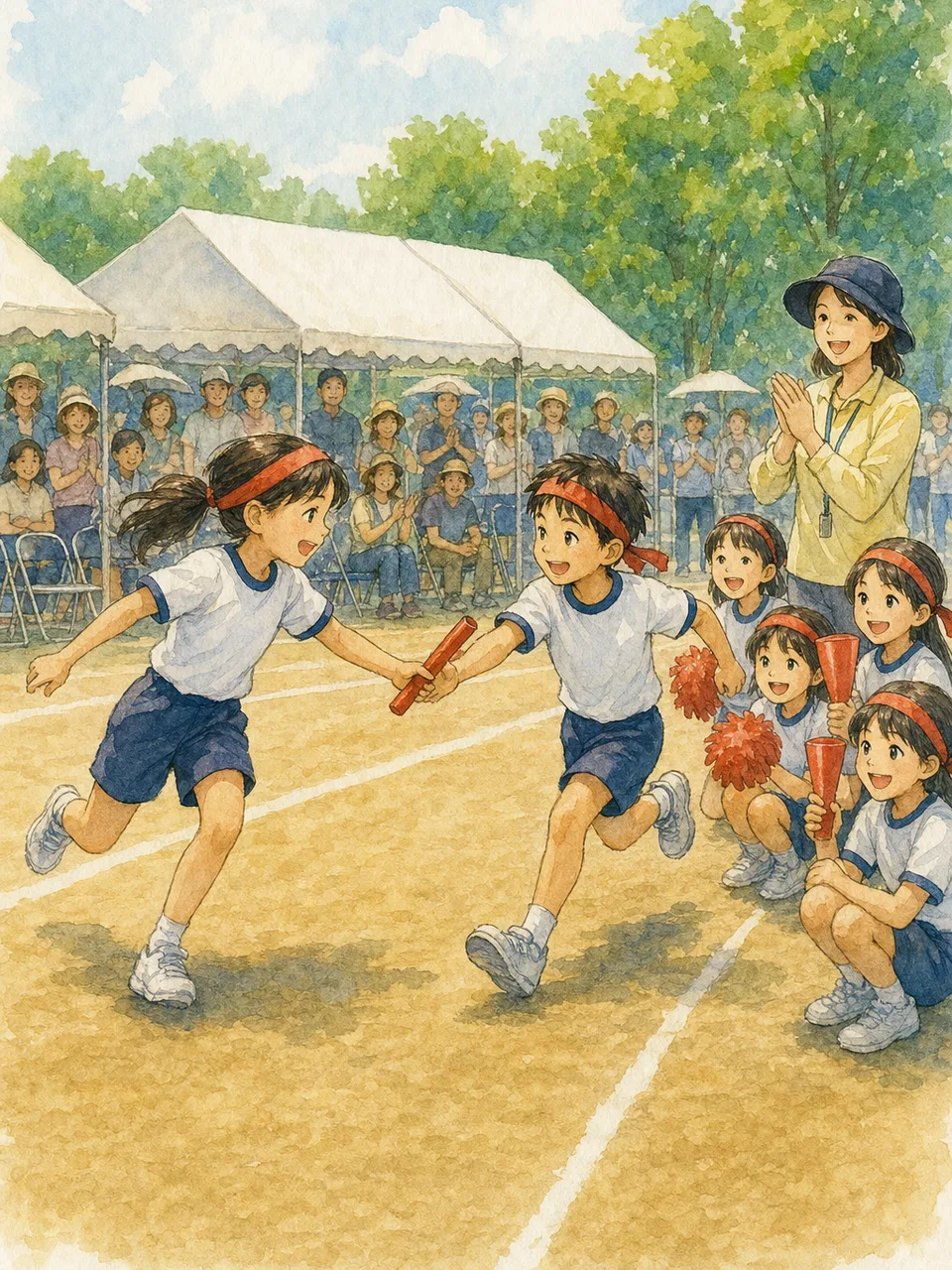 運動会を楽しむ日本人の子どもたち（手描き水彩）。運動会、学校行事、子ども、地域イベントの記事向け素材です。