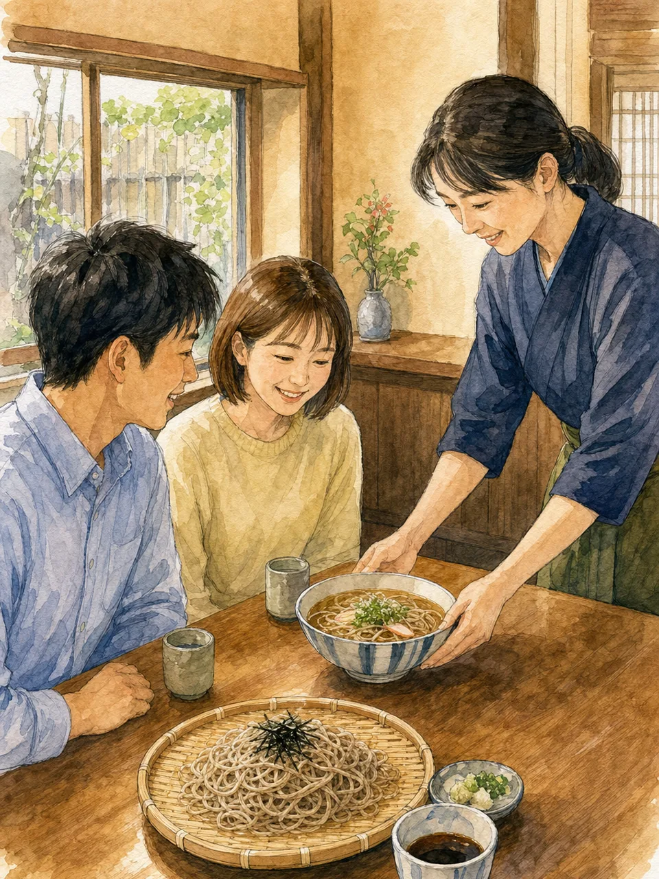 そばを味わう日本人（手描き水彩）。そば、蕎麦、和食、食文化の記事に使える素材です。