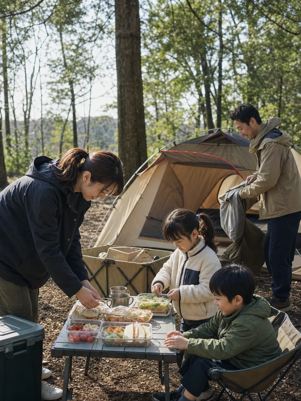 キャンプを楽しむ日本人家族（自然な縦位置写真）。キャンプ、家族旅行、アウトドア用品、自然体験の記事向け素材です。