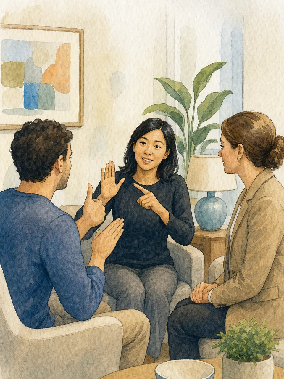 手話通訳をする日本人専門職（手描き水彩）。手話通訳者、手話通訳、日本手話、聴覚障害の記事や案内に使える商用素材です。