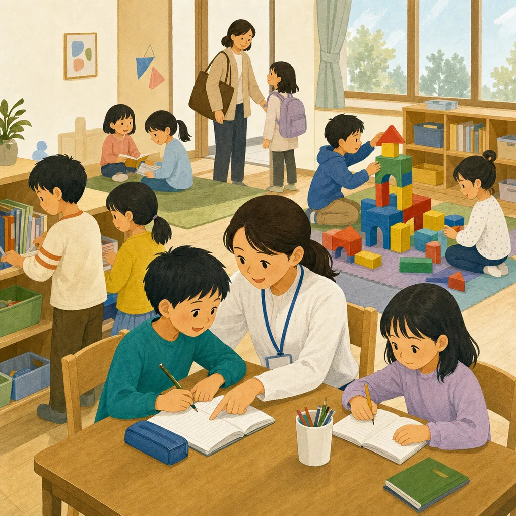 学童保育で過ごす日本人の子どもたち（編集記事向け）。学童保育、放課後、子育て支援、子どもの生活の記事向け素材です。