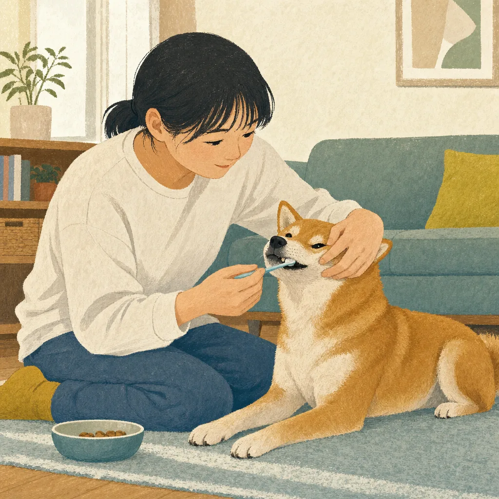 犬の歯磨きをする日本人（編集記事向け）。犬の歯磨き、デンタルケア、ペットケア、犬の記事向け素材です。