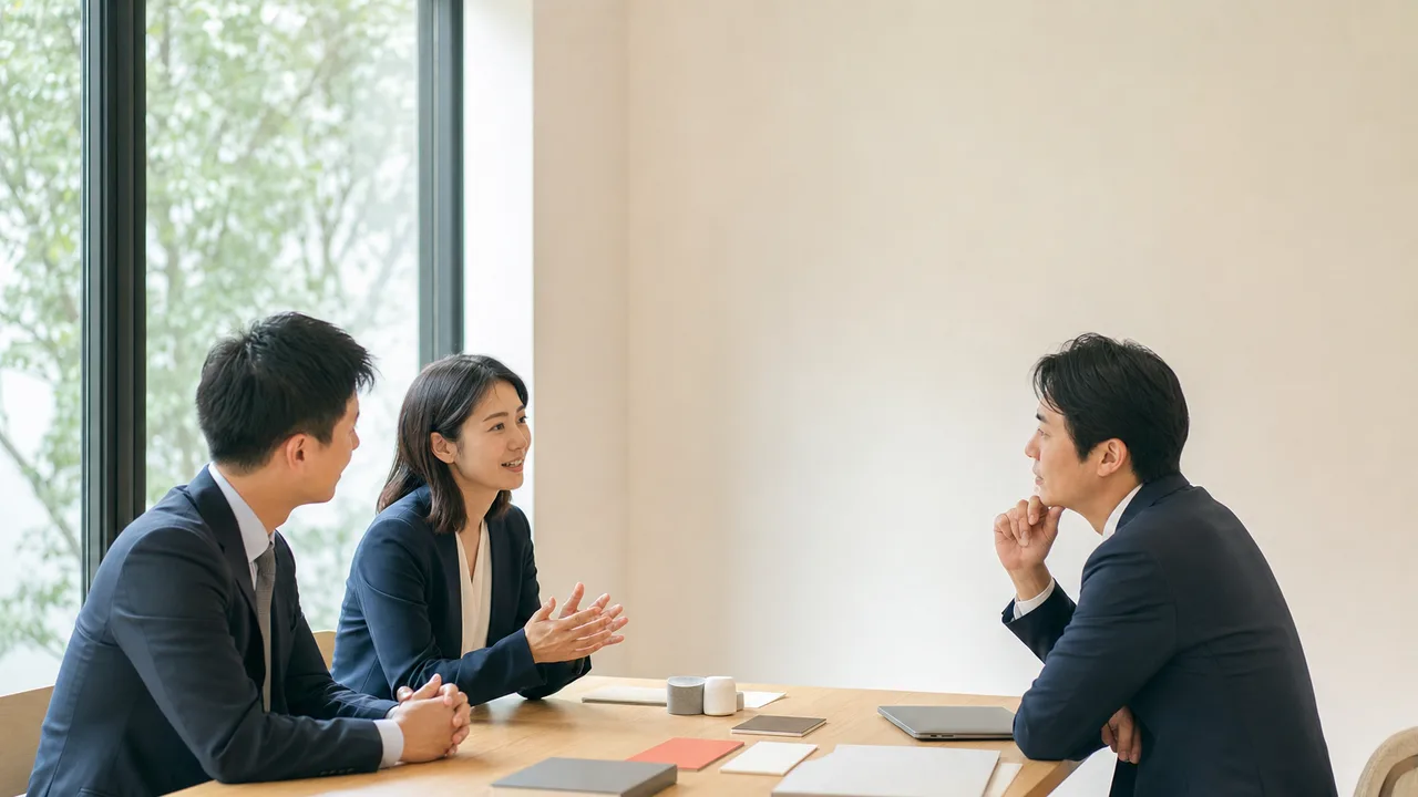 契約条件を交渉する日本人担当者（横長・コピースペース）。契約交渉、商談、取引条件、法人契約の記事や案内に使える商用素材です。