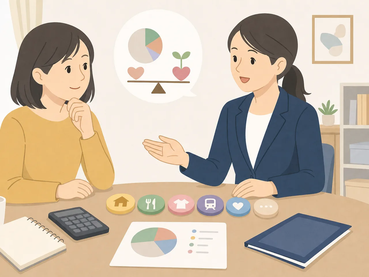 クレジット利用を見直す日本人（フラットイラスト）。クレジットカード、家計見直し、支出管理、予算の記事や案内に使える商用素材です。