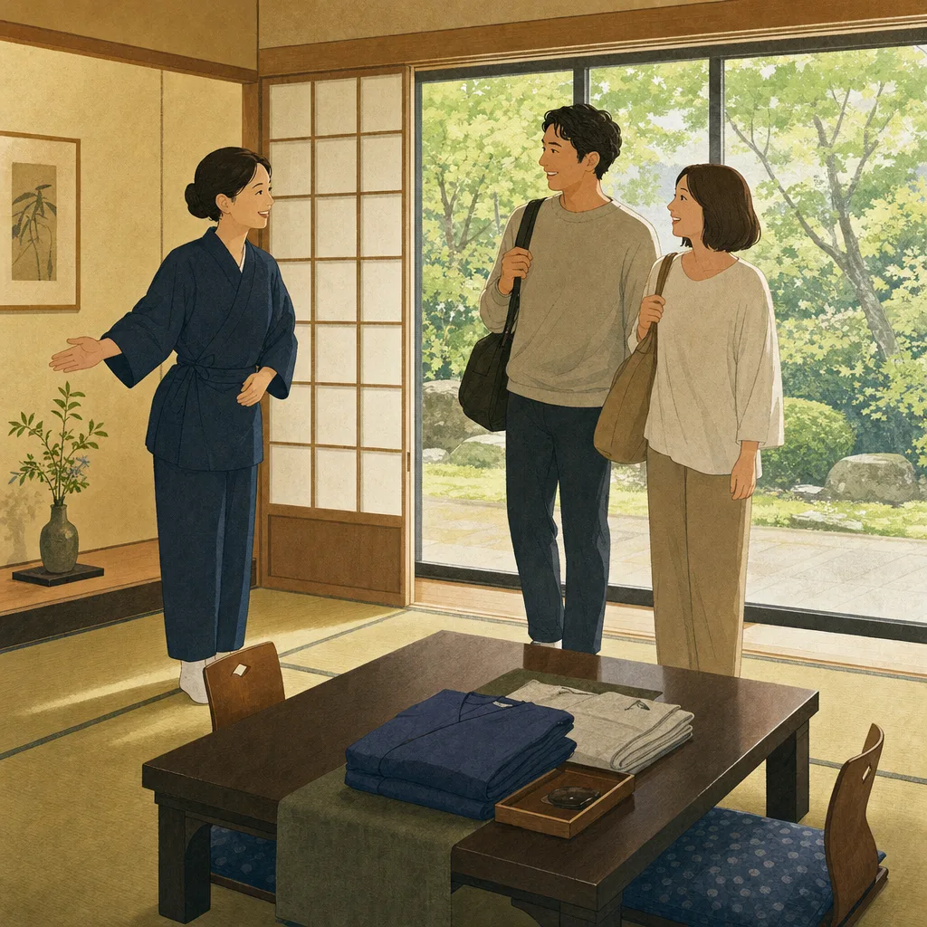 旅館で迎える日本人スタッフと旅行者（編集記事向け）。旅館、温泉旅行、おもてなし、国内旅行の記事向け素材です。