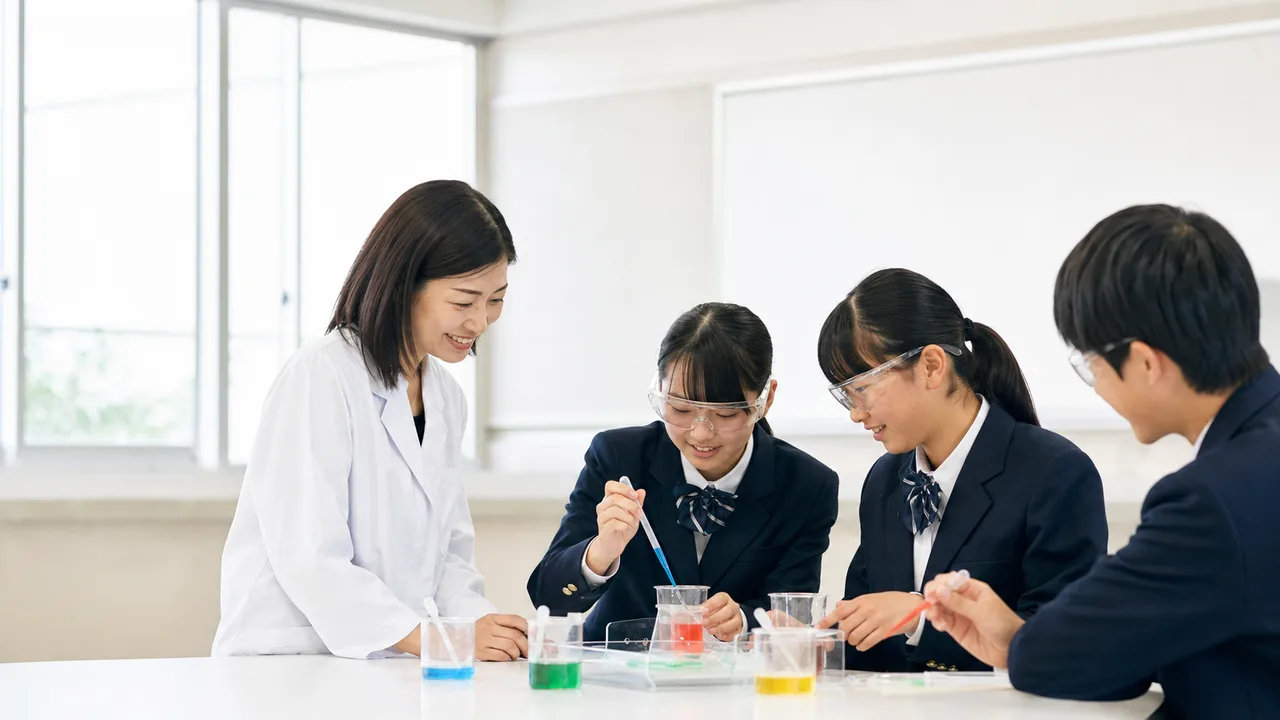 科学実験に取り組む日本人の生徒（横長・コピースペース）。科学実験、理科教育、探究学習、学校の記事に使える素材です。