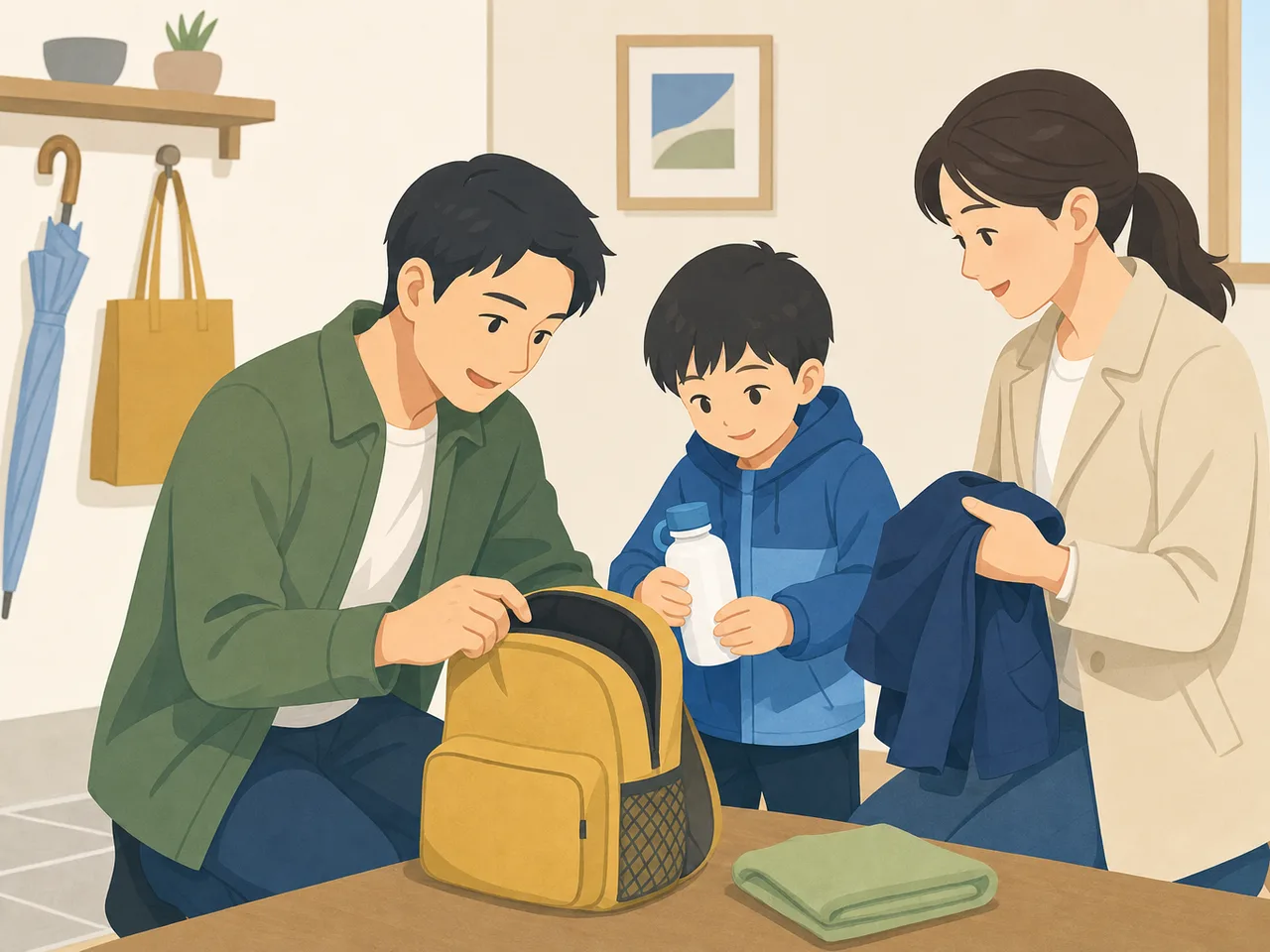登校準備を協力する日本人の親（フラットイラスト）。登校準備、共同育児、子育て、共働き家庭の記事や案内に使える商用素材です。