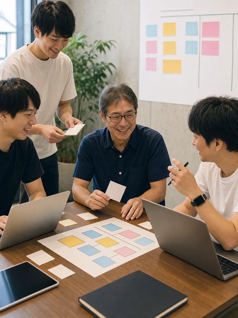 オープンソースを語る日本人開発者（自然な縦位置写真）。オープンソース、開発者コミュニティ、勉強会、ソフトウェア開発の記事や案内に使える商用素材です。