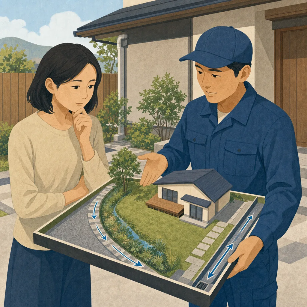 敷地の雨水排水を相談する日本人（編集記事向け）。雨水排水、庭の排水、住宅外構、浸水対策の記事や案内に使える商用素材です。
