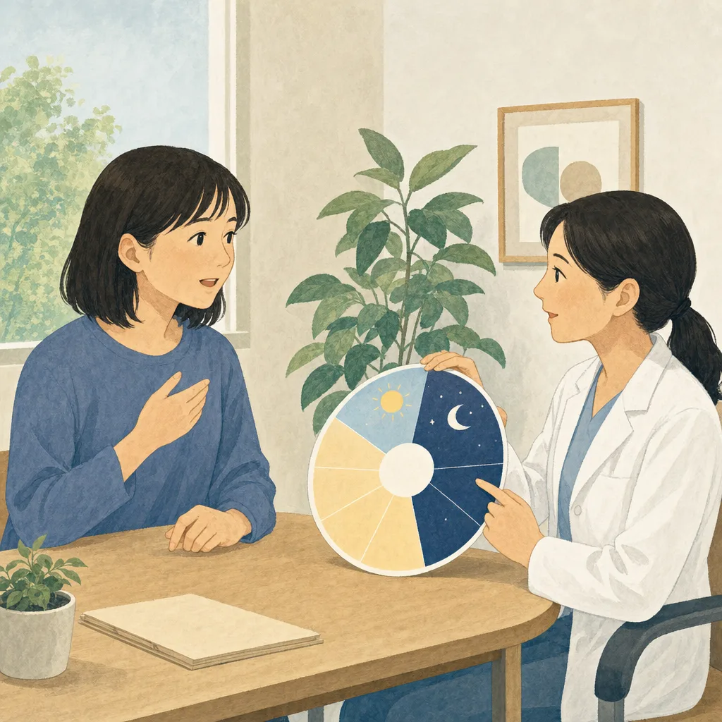 睡眠の悩みを相談する日本人（編集記事向け）。睡眠相談、不眠、睡眠衛生、健康相談の記事や案内に使える商用素材です。
