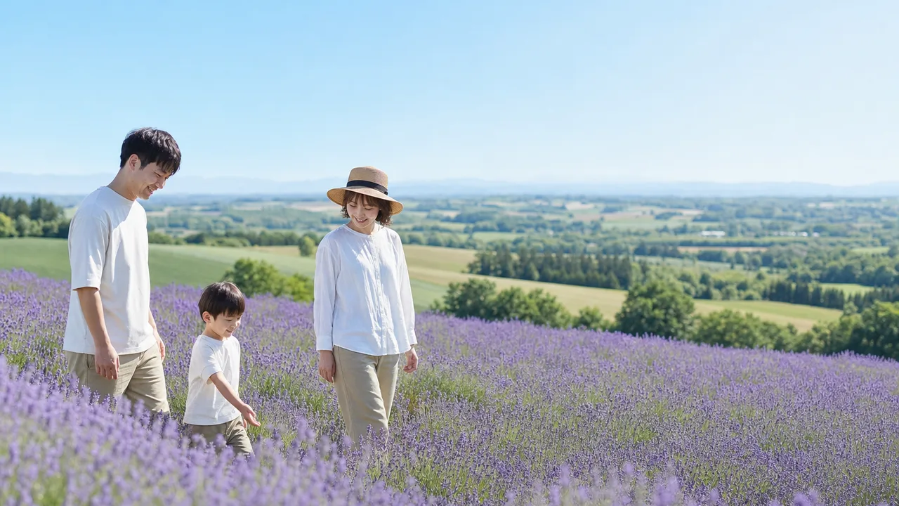 北海道の花畑を旅する日本人家族（横長・コピースペース）。北海道、夏の国内旅行、家族観光、地域キャンペーン向け素材です。