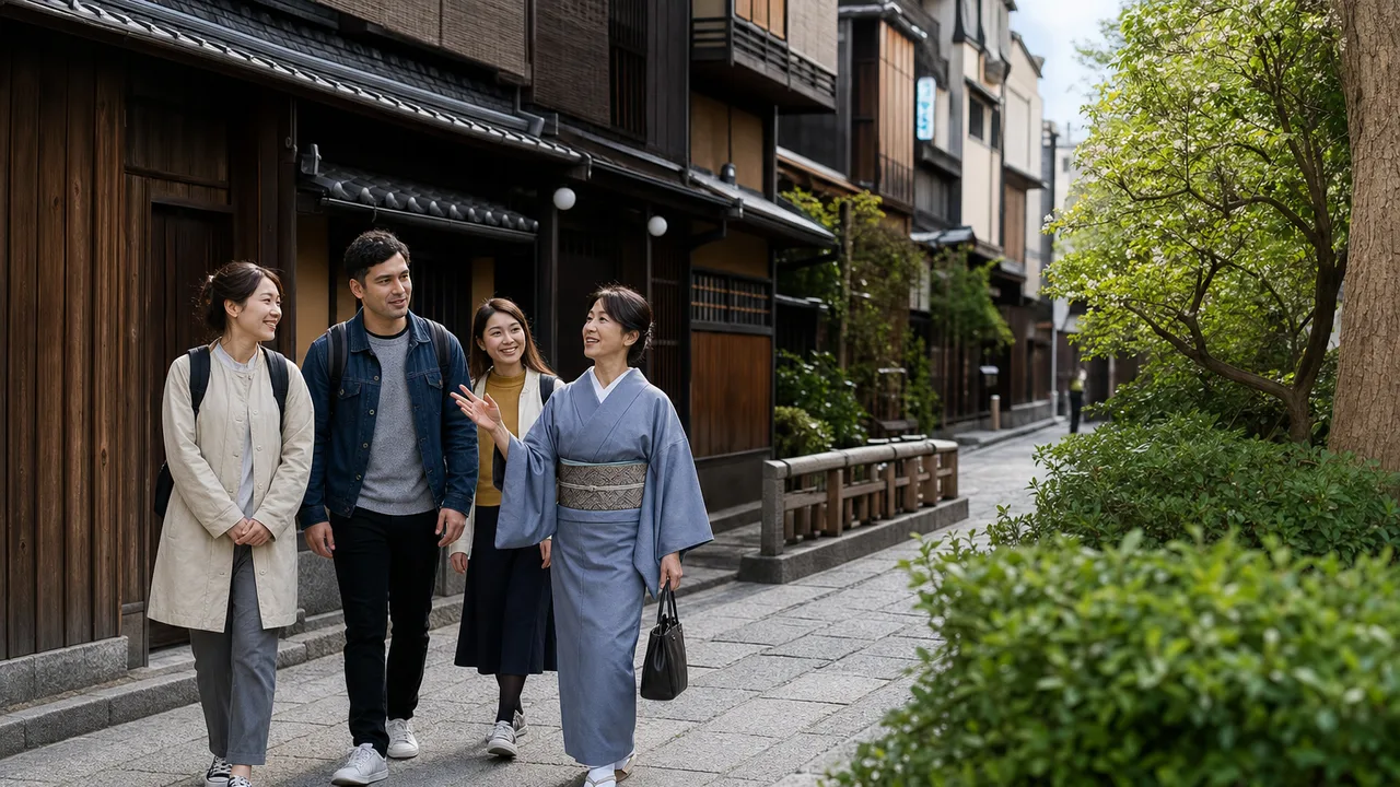 京都の街を歩く訪日観光客（横長・コピースペース）。インバウンド、京都観光、旅行案内、地域サービスに使える素材です。