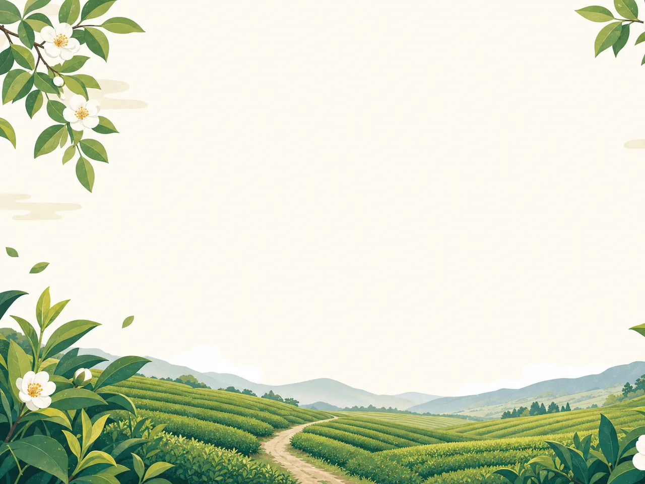 日本の丘陵に広がる茶畑（フレームイラスト）。茶畑、茶園、農業、緑の風景向け素材です。