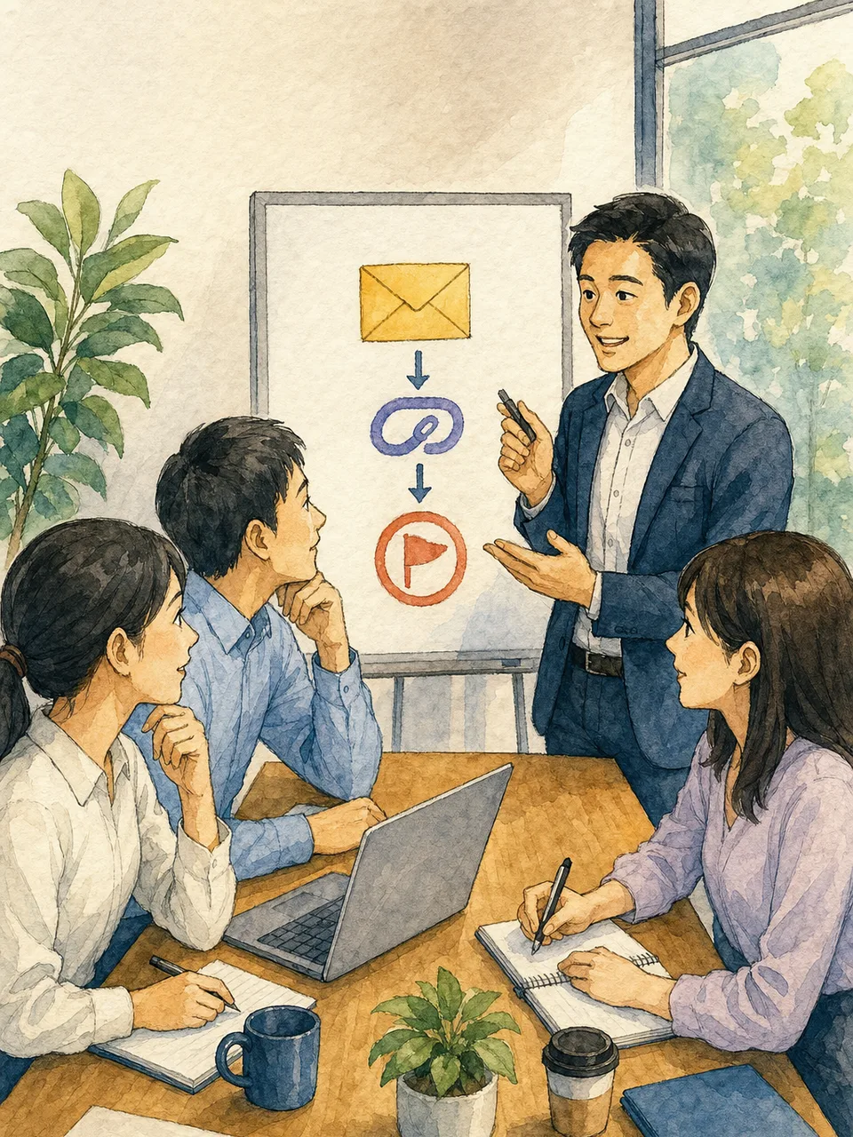 フィッシング訓練を振り返る日本人チーム（手描き水彩）。フィッシング訓練、標的型メール、セキュリティ教育、不審メールの記事や案内に使える商用素材です。