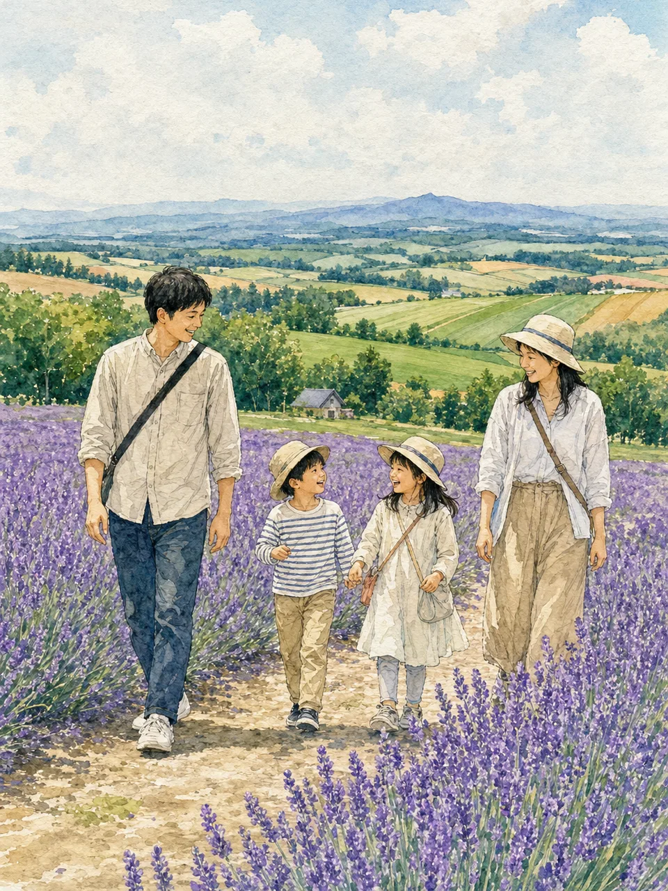 北海道の花畑を旅する日本人家族（手描き水彩）。北海道、夏の国内旅行、家族観光、地域キャンペーン向け素材です。