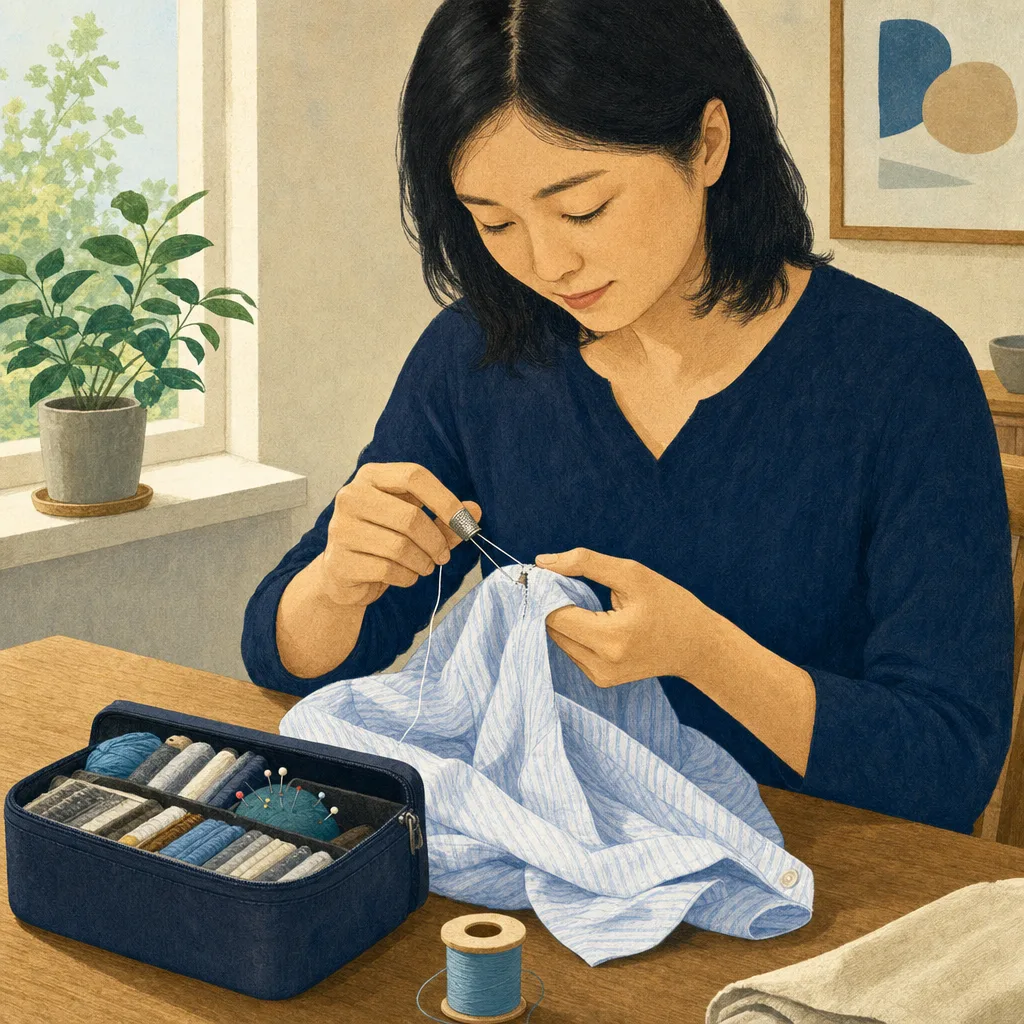 洋服を修繕する日本人（編集記事向け）。洋服の修繕、繕い物、衣類、持続可能な暮らしの記事向け素材です。