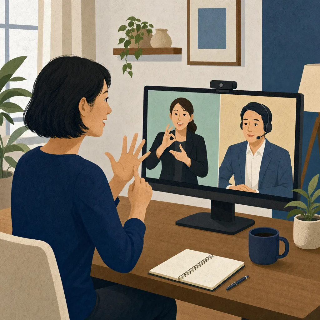 ビデオ通話で手話を使う日本人（編集記事向け）。ビデオリレーサービス、手話、ろう者、聴覚障害の記事や案内に使える商用素材です。