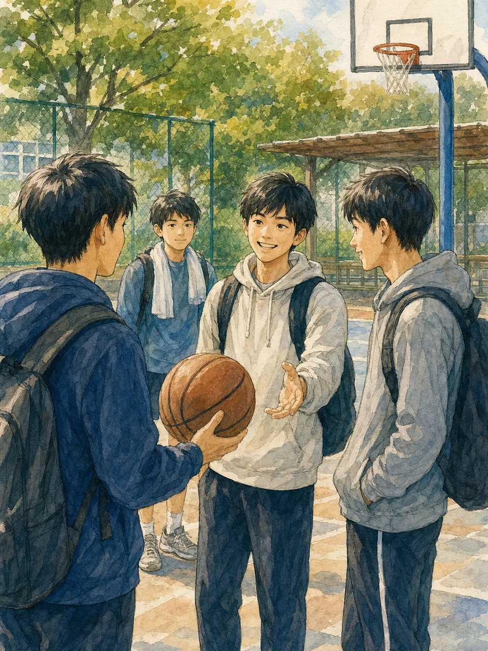 放課後を過ごす日本人男子高校生（手描き水彩）。男子高校生、放課後、友達、青春の記事向け素材です。