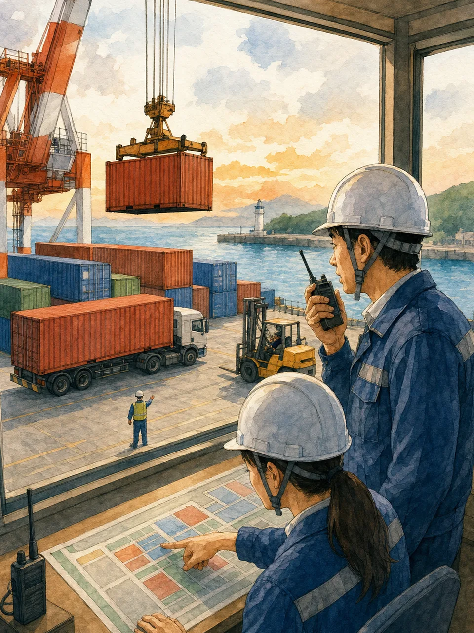 港湾物流を調整する日本人担当者（手描き水彩）。港湾物流、港湾作業、貨物、物流管理の記事や案内に使える商用素材です。