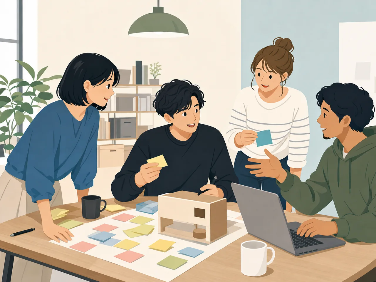 事業を立ち上げるスタートアップチーム（フラットイラスト）。起業、新規事業、資金調達、チーム形成を伝えられる企画場面です。