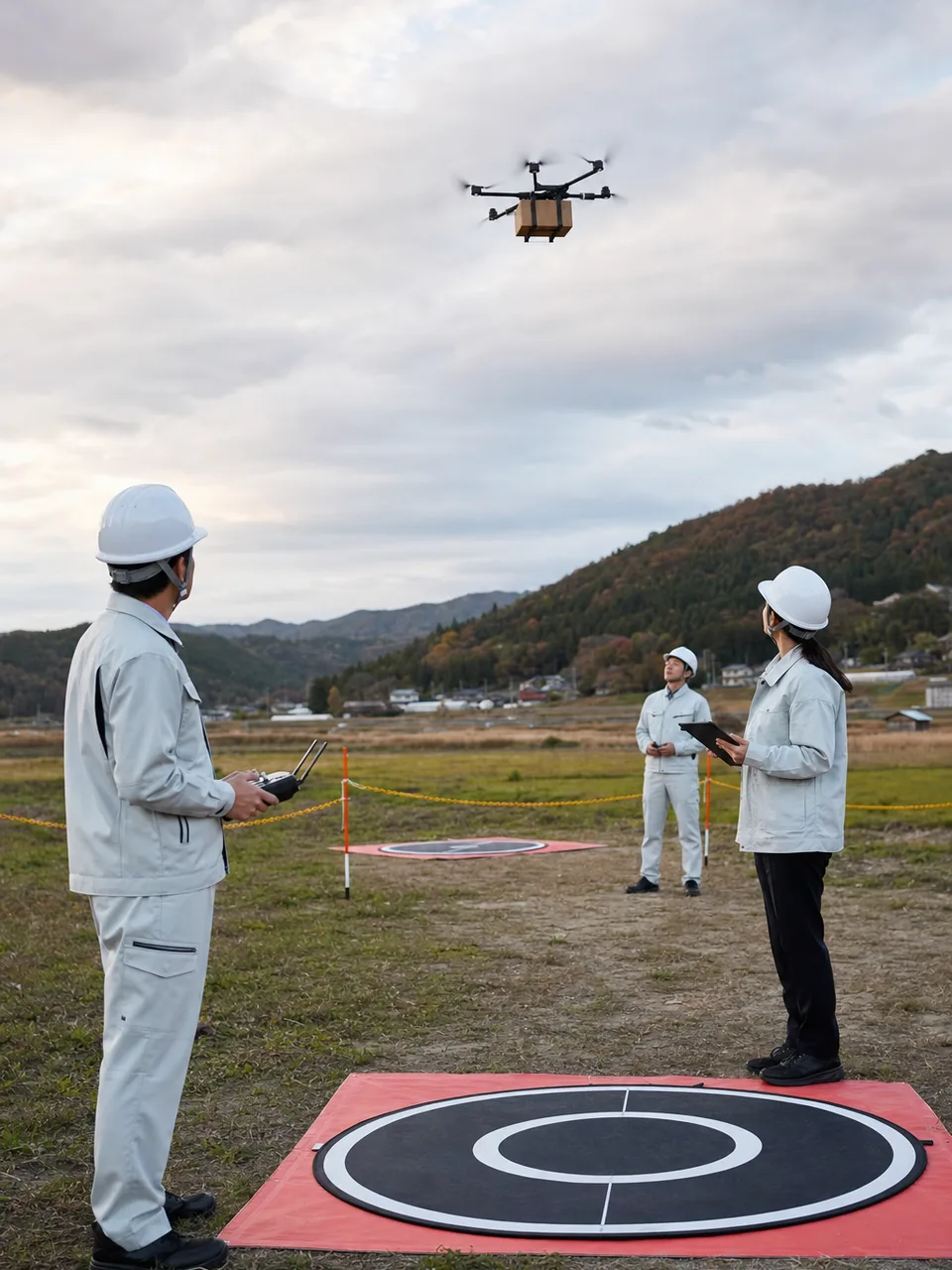 ドローン配送を実証する日本人チーム（自然な縦位置写真）。ドローン配送、物流、実証実験、地域配送の記事向け素材です。