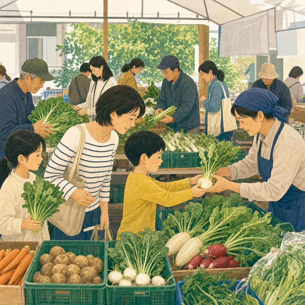 旬の野菜を選ぶ日本人（編集記事向け）。直売所、旬の野菜、農産物、地産地消の記事や案内に使える商用素材です。