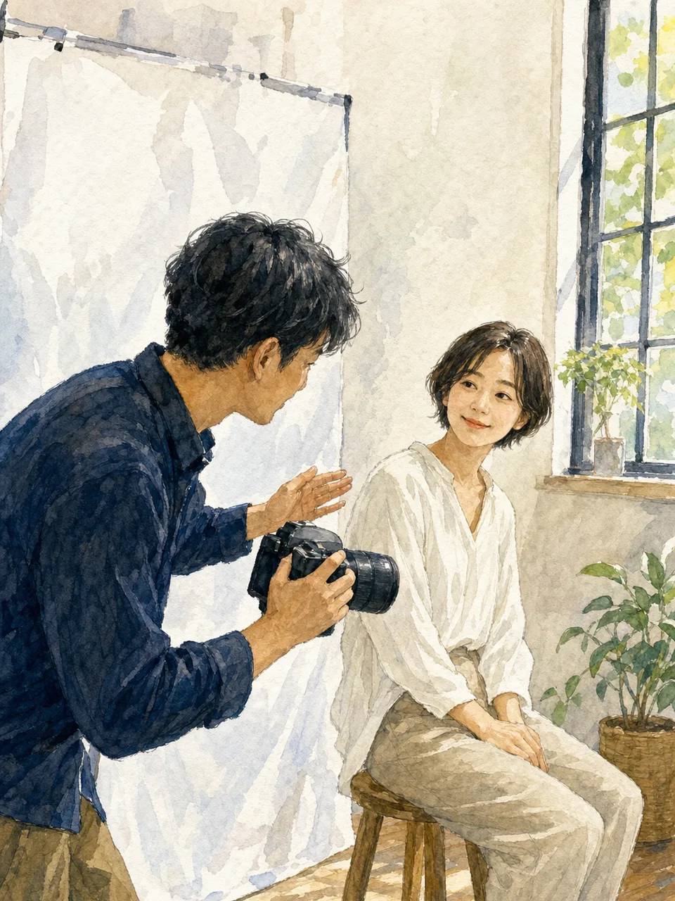 撮影する日本人写真家（手描き水彩）。写真家、カメラマン、撮影、クリエイティブ職の記事向け素材です。