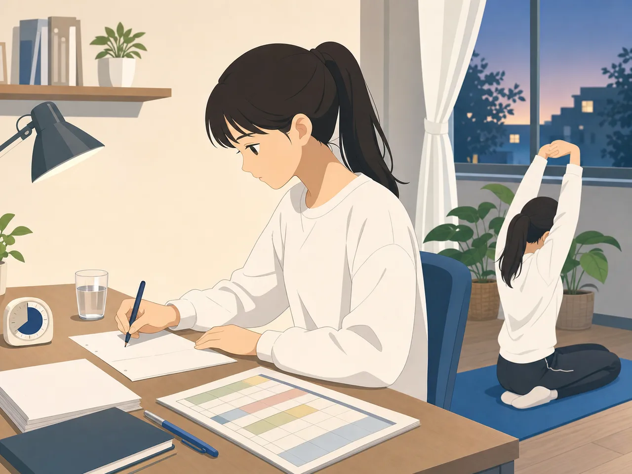 受験勉強に取り組む日本人学生（フラットイラスト）。受験生、受験勉強、学習計画、進学の記事に使える素材です。
