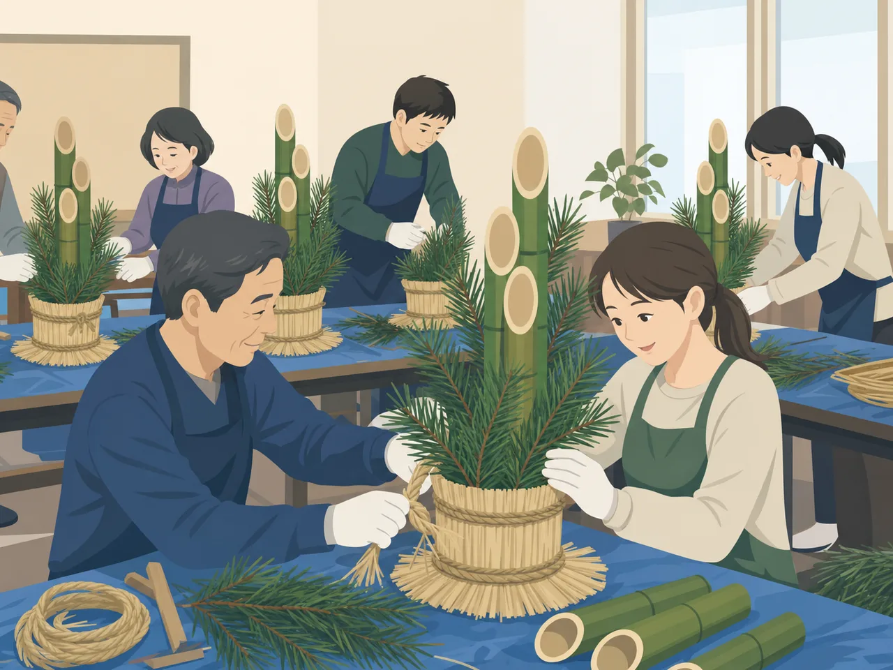 門松を作る日本人地域住民（フラットイラスト）。門松作り、正月飾り、新年準備、伝統文化の記事や案内に使える商用素材です。