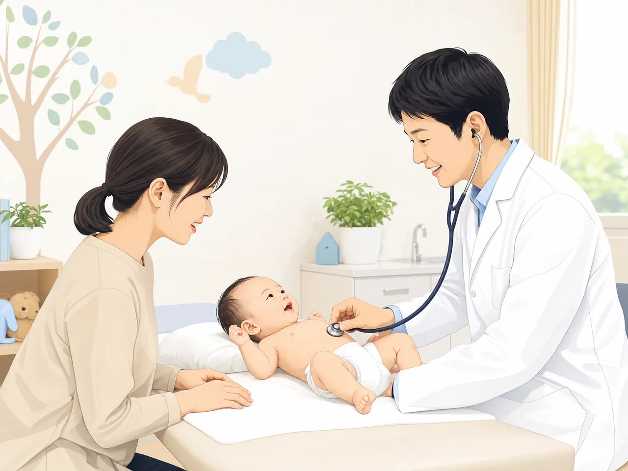赤ちゃんの乳幼児健診（フラットイラスト）。小児科、自治体、母子保健の案内に使える、乳児と保護者の健診素材です。