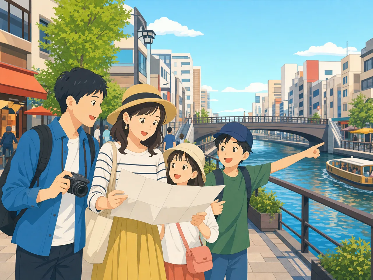 大阪の街歩きを楽しむ日本人旅行者（フラットイラスト）。大阪、国内旅行、街歩き、都市観光の記事向け素材です。