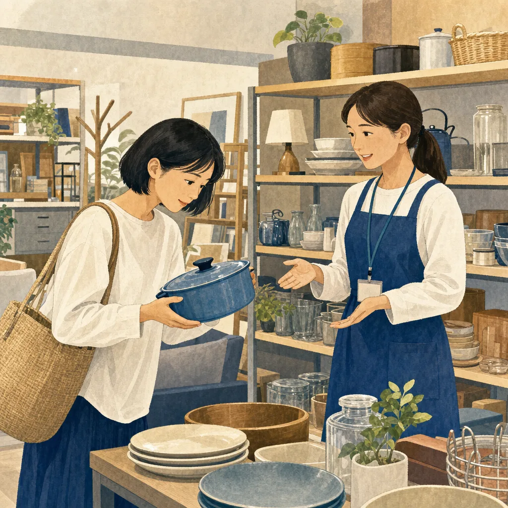 リユースショップを利用する日本人（編集記事向け）。リユースショップ、中古品、買い物、循環型社会の記事向け素材です。