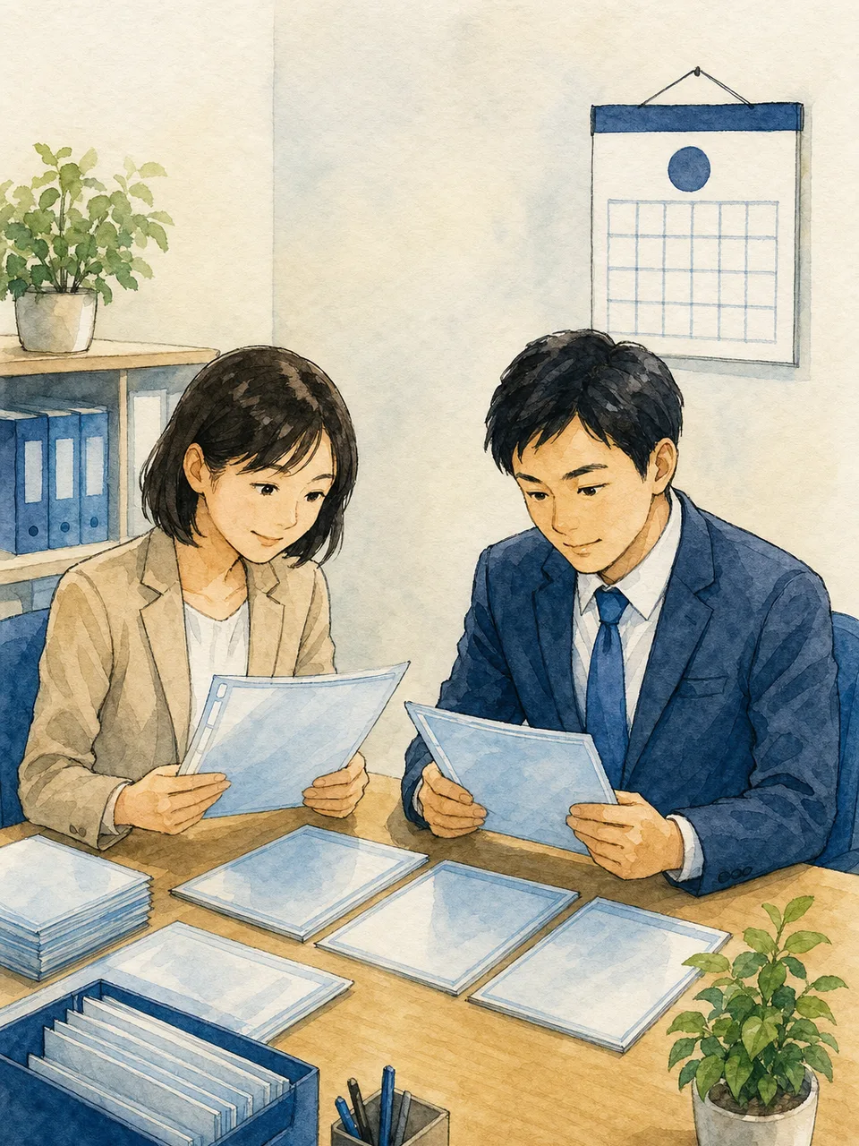 年末調整を確認する日本人人事担当者（手描き水彩）。年末調整の社内確認、人事の年末調整業務、年末調整、給与計算の記事や案内に使える商用素材です。