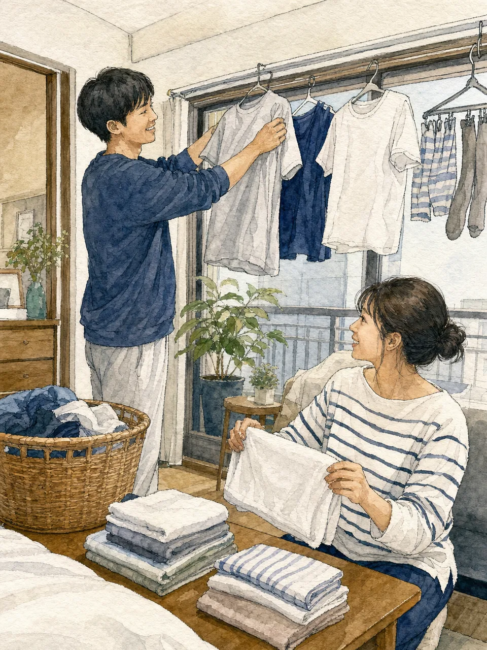 洗濯物を協力して片付ける日本人夫婦（手描き水彩）。洗濯、家事分担、共働き、生活用品の記事に使える家庭素材です。