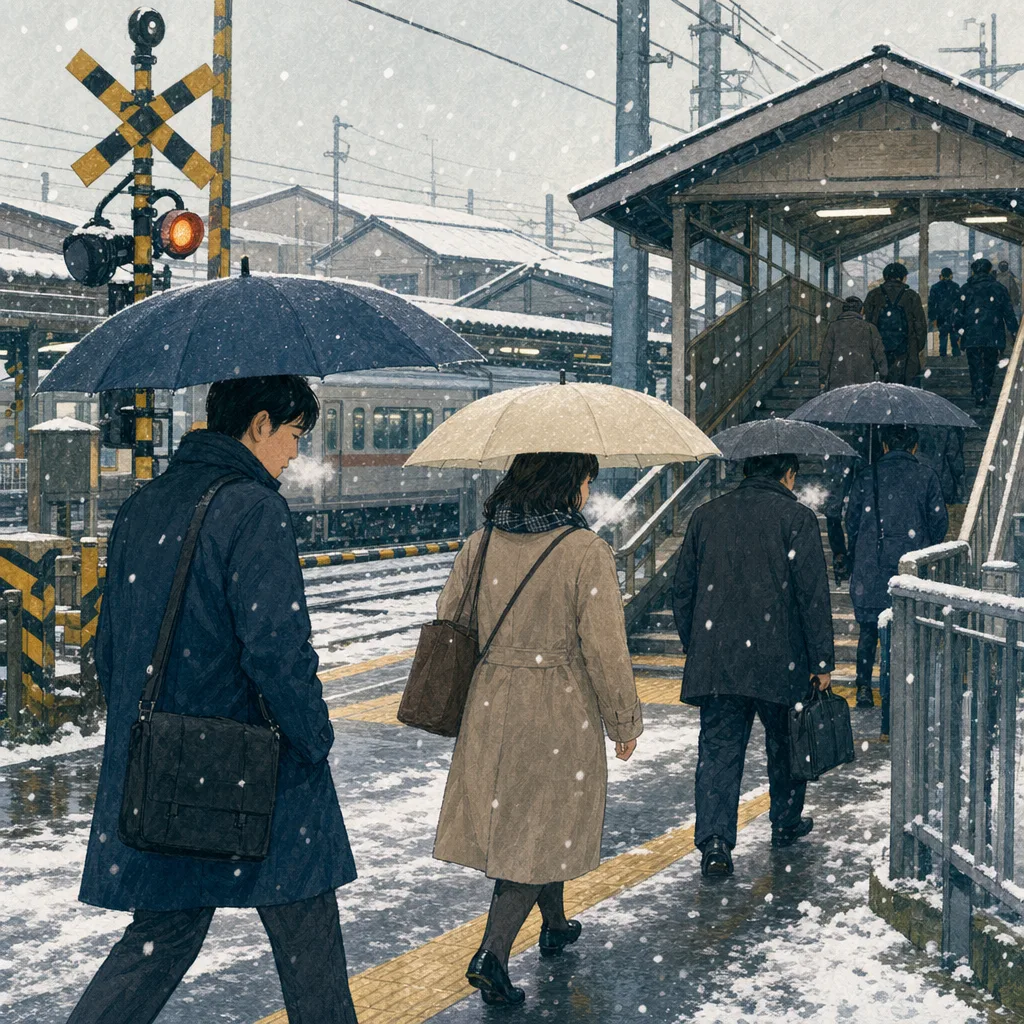 雪の日に通勤する日本人（編集記事向け）。冬の交通、働き方、天候対策の記事に使える、雪の日の通勤風景素材です。