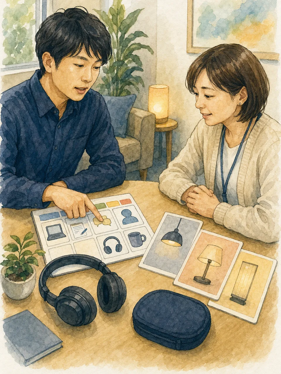 発達特性に合う環境を相談する日本人（手描き水彩）。発達障害、ニューロダイバーシティ、合理的配慮、相談の記事向け素材です。